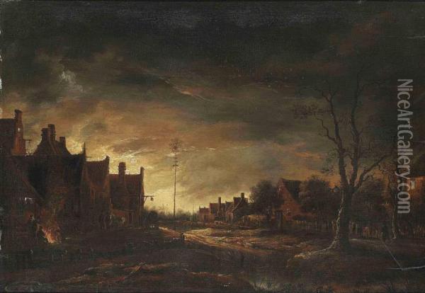 A Village By Moonlight Oil Painting - Aert van der Neer
