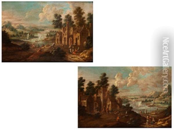 Paar Flusslandschaften (pair) Oil Painting - Mathys Balen