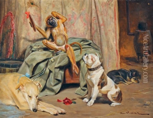 Singe Jouant Les Coquettes Devant Trois Chiens Oil Painting - Auguste Vimar