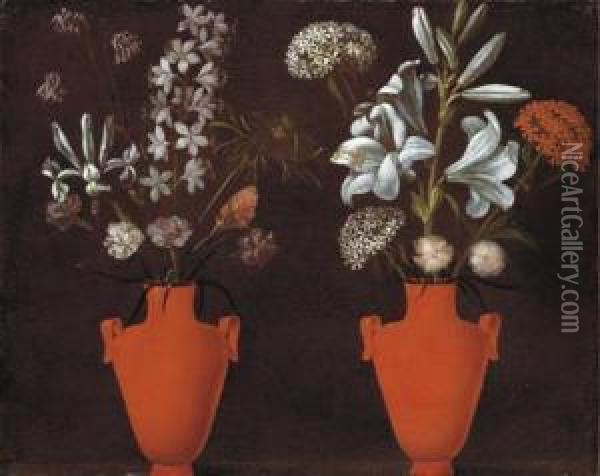 Two Red Vases With Lilies, Carnations, An Iris, Verbena And Other Flowers Oil Painting - Giacomo (or Jacopo) Tarchiani