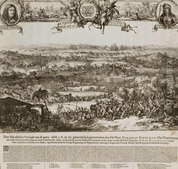 Victory Of Cornelis Speelman Over The Kingdom Of Macassar Andradjah Palacca, And The War Of Oil Painting - Romeyn de Hooghe