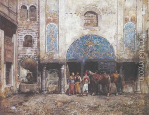 Cavaliers Turcs Dans La Cour Du Palais Oil Painting - Alberto Pasini