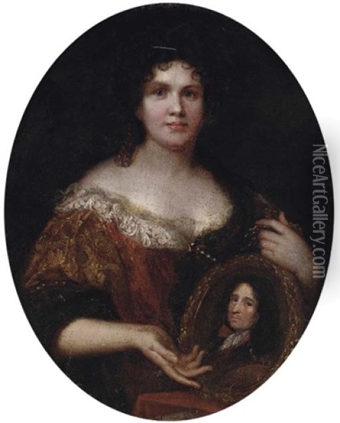 Portrait Of A Lady, Half-length, In A Red And Gold Dress With White Lace Trim, Holding A Framed Portrait Of Her Husband Oil Painting - Nicolas de Largilliere
