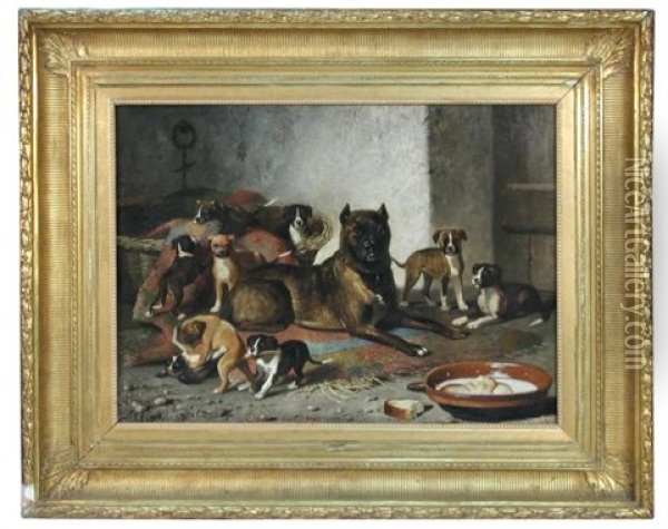 A Bulldog And Her Litter Oil Painting - Bernard de Gempt