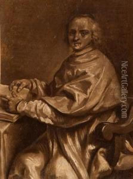 Ritratto Di Cardinale A Tre Quarti Di Figura, Presso Uno Scrittoio, En Grisaille Oil Painting - Giovanni Gioseffo da Sole