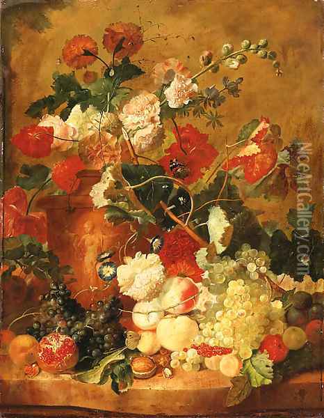 Roses, Carnations and other Flowers in a sculpted terracotta Vase with a Pomegranate, Peaches, Plums, Grapes, a Walnut, Hazelnuts and Currants Oil Painting - Jan Van Huysum