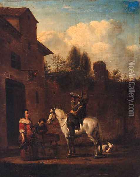 A Horseman taking refreshment in a Courtyard Oil Painting - Philips Wouwerman