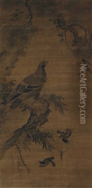 Ein Falke Auf Einem Felsen, An Dem Bambus Wachst, Unter Einem Kiefernzweig Oil Painting -  Lin Liang