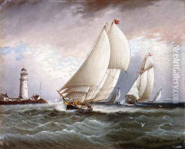 Yacht Race Near Lighthouse Oil Painting - James E. Buttersworth