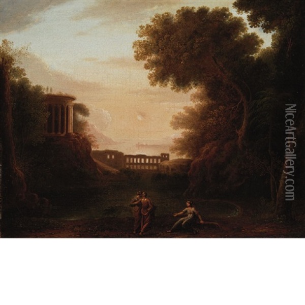 Figures Near A Round Temple, An Aqueduct In The Distance Oil Painting - Claude Lorrain