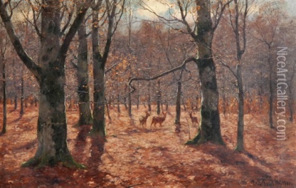 Der Herbstliche Wald Mit Rehen Oil Painting - Peter Paul Mueller