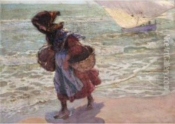 Pescadora En La Playa De Valencia (fisherwoman On Valencia Beach) Oil Painting - Jose Mongrell Torrent