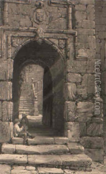 Children In An Archway Oil Painting - Louise J. Rayner