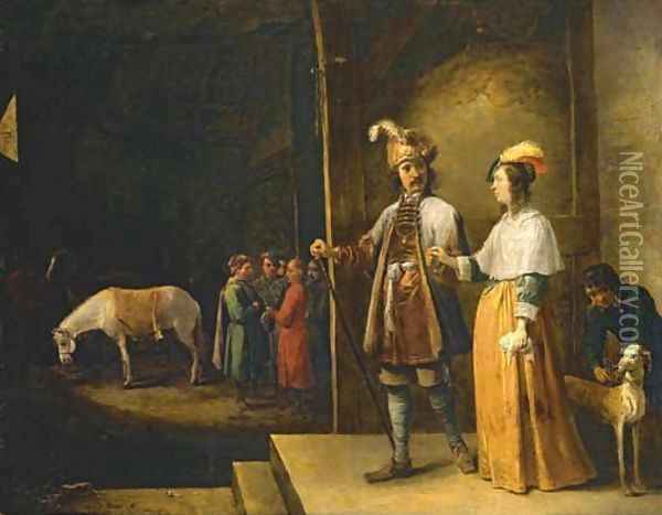 A lady and gentleman entering a stable Oil Painting - David The Younger Teniers