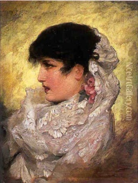Portrait De Profil De Jeune Espagnole A La Mantille Blanche Oil Painting - Francisco Inglada