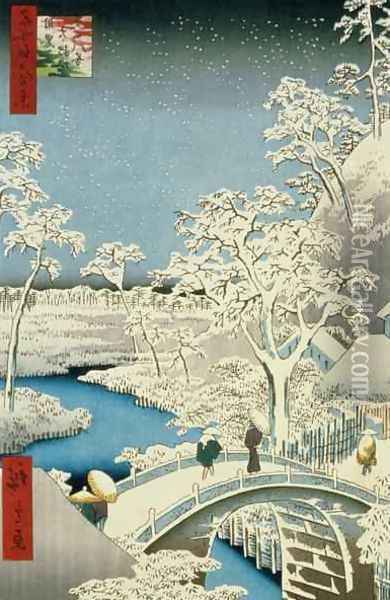 Drum bridge and Setting Sun Hill at Meguro from the series 100 Views of Edo Oil Painting - Utagawa or Ando Hiroshige