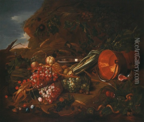 Fruchtstillleben Mit Einem Messingkubel Oil Painting - Cornelis De Heem