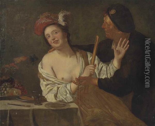 A Man Propositioning A Woman In An Interior Oil Painting - Gerrit Van Honthorst