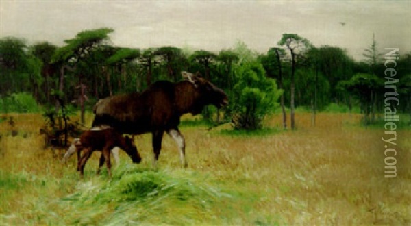 A Moose And Her Calf Oil Painting - Wilhelm Friedrich Kuhnert