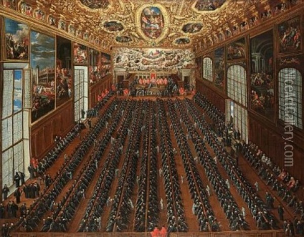 The Interior Of The Sala Maggior Consiglio, The Doge's Palace, Venice, With Patricians Voting On A Bulletin For The Election Of New Magistrates Oil Painting - Joseph Heintz the Younger
