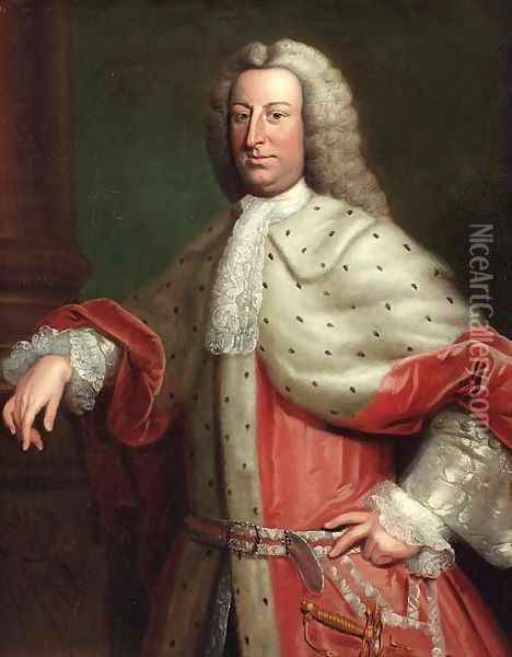 Portrait of a gentleman, said to be Henry Tenth, Lord Teynham, three-quarter length, in a red velvet and fur cloak and a wig Oil Painting - Hoare, William, of Bath