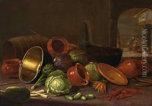 A Still Life With Earthenware Pots, A Barrel, Cabbages, Carrots, And Gherkins In The Foreground Oil Painting - Floris Gerritsz. van Schooten