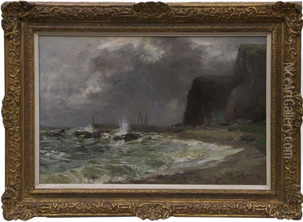 Stormy Seas At Shore, 
Auchmithie, 
Angus Oil Painting - William Bradley Lamond