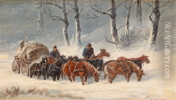 Pferdefuhrwerk In Winterlicher Landschaft Oil Painting - Ignaz Ellminger