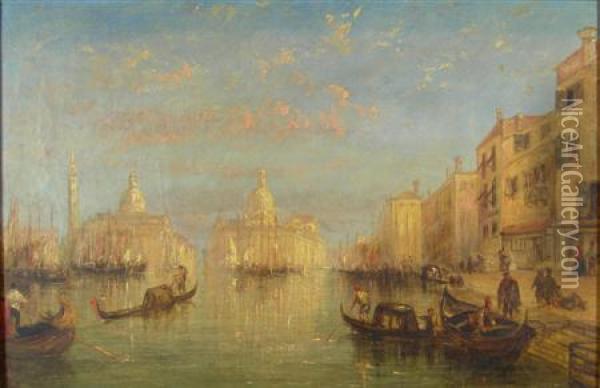 Gondolas On A Venetian Canal Oil Painting - Alfred Pollentine
