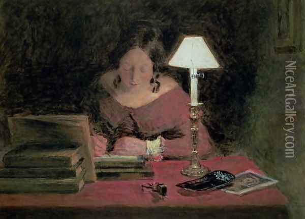 Girl Writing by Lamplight Oil Painting - William Henry Hunt