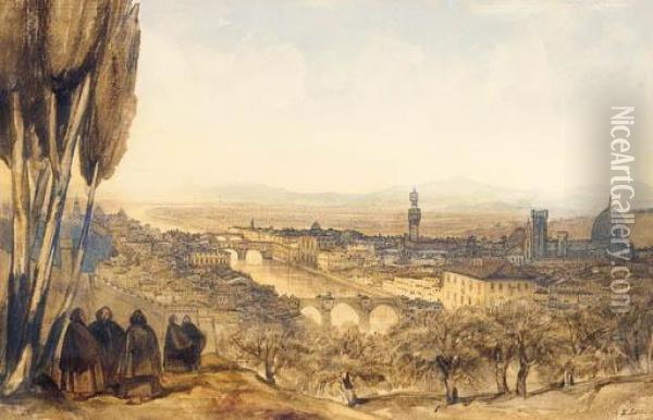 View Of Florence From The Basilico, San Miniato Al Monte, Montecruce Oil Painting - Edward Lear