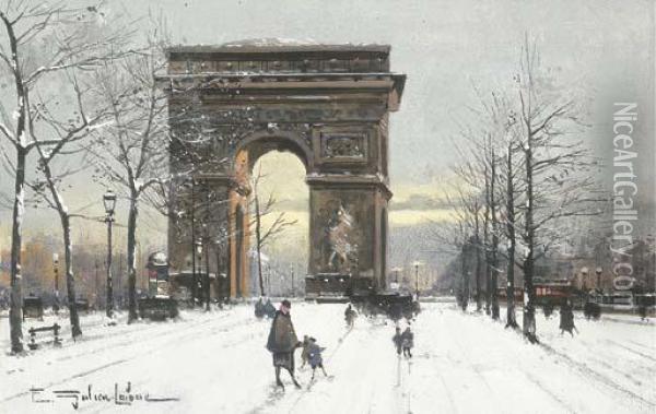 L'arc De Triomphe Sous La Neige Oil Painting - Eugene Galien-Laloue