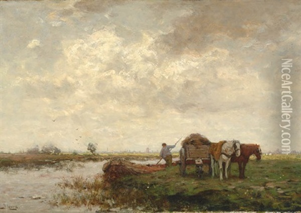 Landscape With A Farmer By A Canal With A Hay Cart Oil Painting - Johannes Karel Leurs