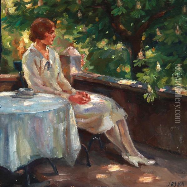 A Woman Sitting On A Balcony Oil Painting - Soren Josua Christensen