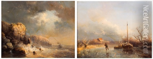 De Eenzame Schaatser, Schipbreuk Bij Rotskust (2 Works) Oil Painting - Wilhelm Georg Wagner
