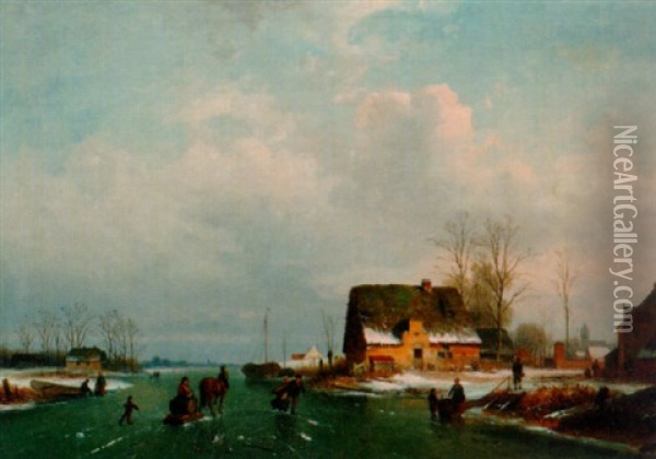 A Dutch Winter Landscape With Figures Skating Oil Painting - Henri de Smeth