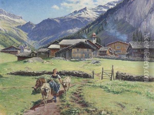 Blick Auf Das Sommerliche Unterschachen. Oil Painting - Josef Clemens Keller