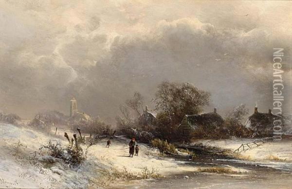 Figures In A Winter Landscape Oil Painting - Pieter Lodewijk Francisco Kluyver