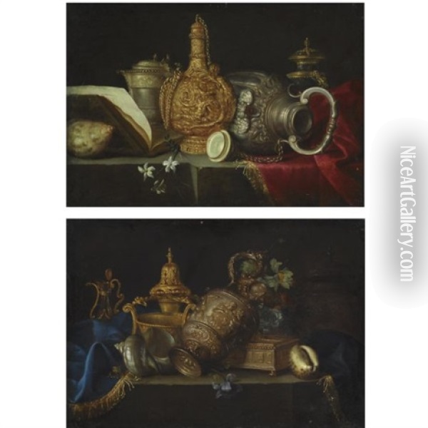 A Still Life With A Shell, Sculpted Jars And A Flower, All On A Partly Draped Stone Ledge (+a Still Life With Two Shells, Sculpted Jars And Flowers, All On A Partly Draped Stone Ledge; Pair) Oil Painting - Meiffren Conte