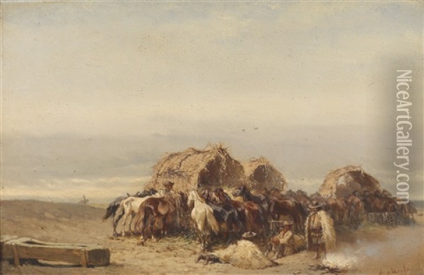 Szene Aus Der Puszta Mit Hirten Und Pferden Oil Painting - Alexander Ritter Von Bensa