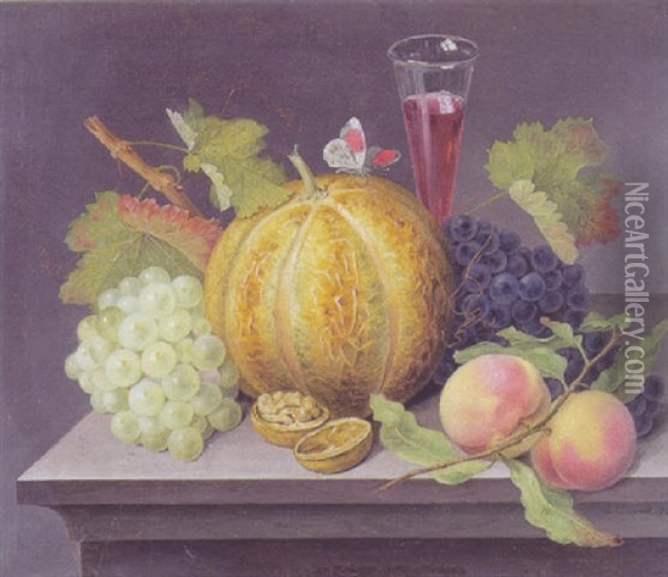 Opstilling Med Vindruer, Melon, Ferskner, Valnod, Vinglas Og Sommerfugl Oil Painting - Johannes Ludwig Camradt