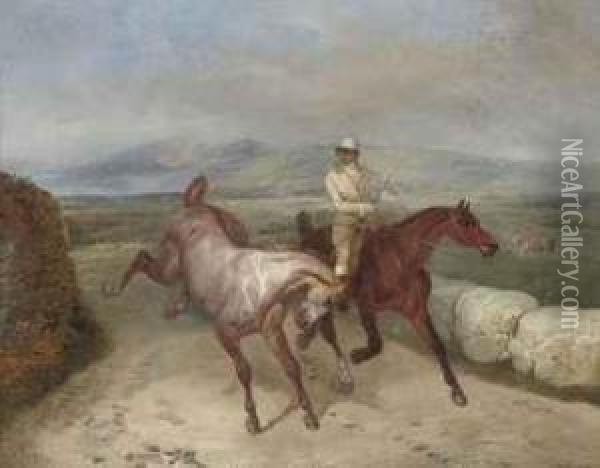 An Extensive Landscape With Two Racehorses And A Jockey Oil Painting - Joseph Simon Volmar