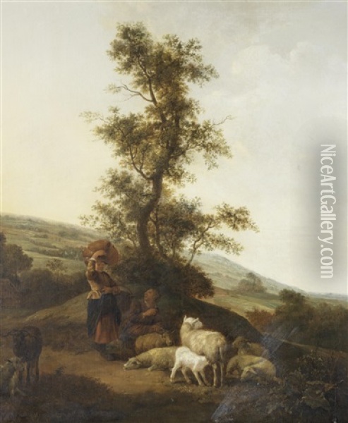 Shepherdesses Tending Their Flocks Oil Painting - Jan Baptist Wolfaerts