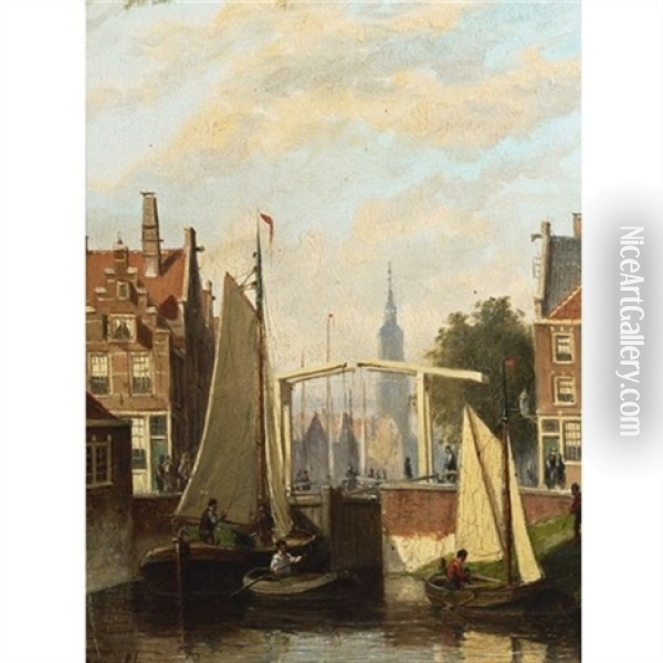 Boats On A Canal In A Dutch Town Oil Painting - Johannes Frederik Hulk the Elder