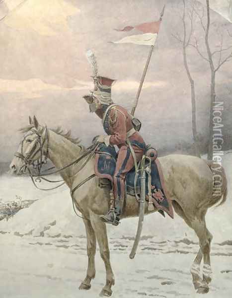 A Lancer of Napoleon's Polish Guards on Winter Patrol Oil Painting - Jan van Chelminski