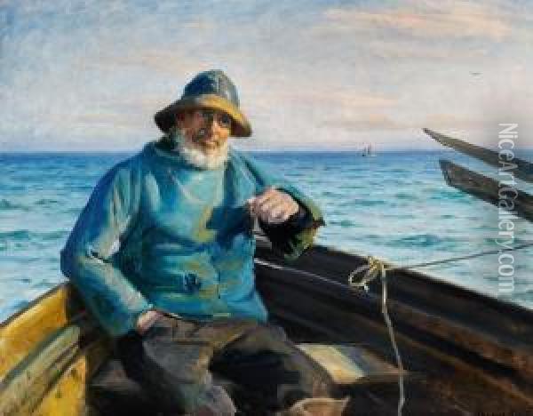 Ancher: A Fisherman From Skagen Sitting In A Dinghy Oil Painting - Michael Ancher