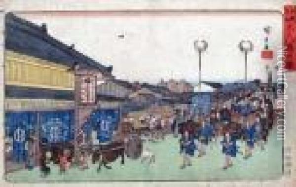 Shinbashi No Zu From Edo Meisho Oil Painting - Utagawa or Ando Hiroshige