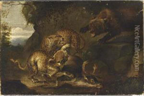 A Bear Attacking Leopards, A Deer Lying On The Woodland Soil Oil Painting - Carl Borromaus Andreas Ruthart