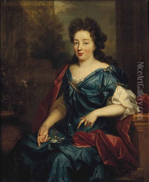 Portrait Of A Lady, Possibly Hortense Mancini, Duchess Of Mazarin (1640-1699), Three-quarter-length, Seated, In A Blue Silk Dress And Red Wrap... Oil Painting - Pierre Mignard the Elder