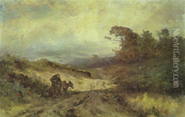 Monch Mit Einem Maultier Auf Dem Feldweg In Hugeliger Landschaft Oil Painting - Gustav Eggena